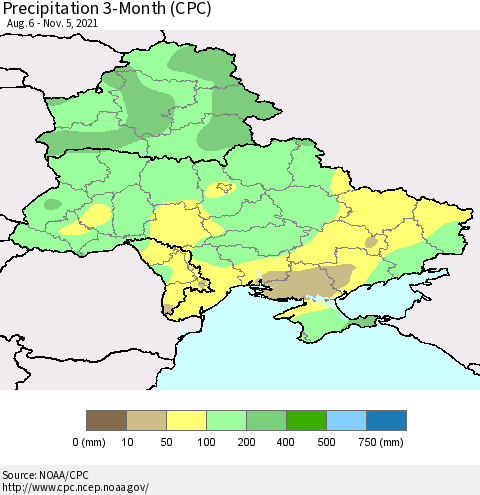 Ukraine, Moldova and Belarus Precipitation 3-Month (CPC) Thematic Map For 8/6/2021 - 11/5/2021