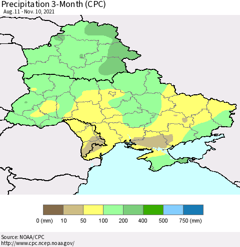 Ukraine, Moldova and Belarus Precipitation 3-Month (CPC) Thematic Map For 8/11/2021 - 11/10/2021