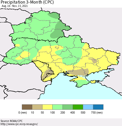 Ukraine, Moldova and Belarus Precipitation 3-Month (CPC) Thematic Map For 8/16/2021 - 11/15/2021