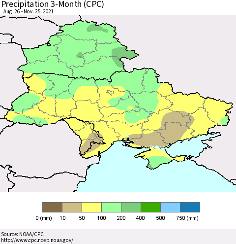 Ukraine, Moldova and Belarus Precipitation 3-Month (CPC) Thematic Map For 8/26/2021 - 11/25/2021