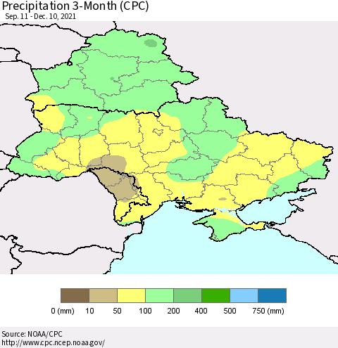 Ukraine, Moldova and Belarus Precipitation 3-Month (CPC) Thematic Map For 9/11/2021 - 12/10/2021