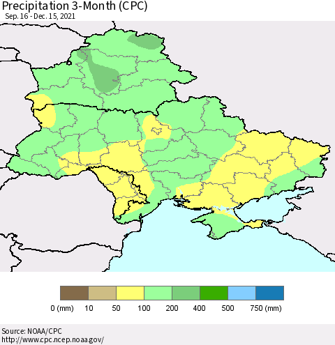 Ukraine, Moldova and Belarus Precipitation 3-Month (CPC) Thematic Map For 9/16/2021 - 12/15/2021