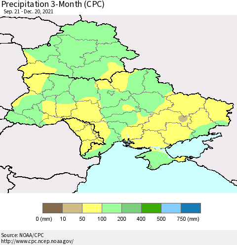 Ukraine, Moldova and Belarus Precipitation 3-Month (CPC) Thematic Map For 9/21/2021 - 12/20/2021