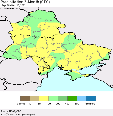 Ukraine, Moldova and Belarus Precipitation 3-Month (CPC) Thematic Map For 9/26/2021 - 12/25/2021