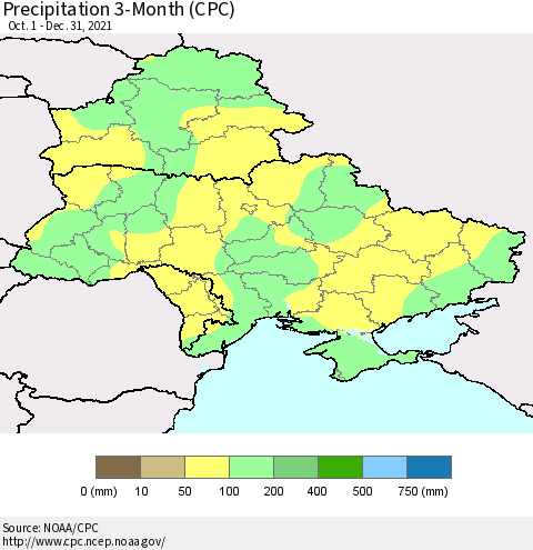 Ukraine, Moldova and Belarus Precipitation 3-Month (CPC) Thematic Map For 10/1/2021 - 12/31/2021