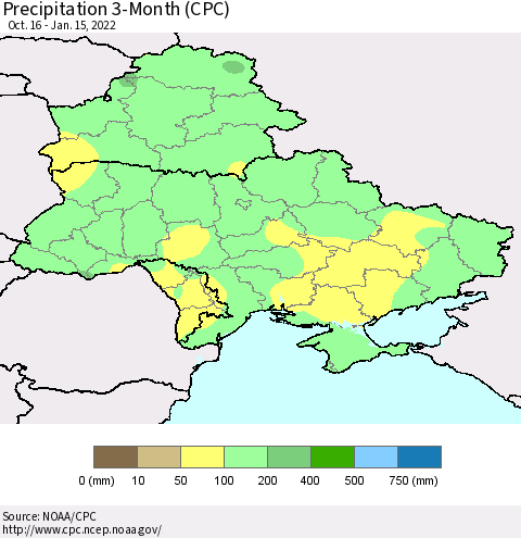 Ukraine, Moldova and Belarus Precipitation 3-Month (CPC) Thematic Map For 10/16/2021 - 1/15/2022