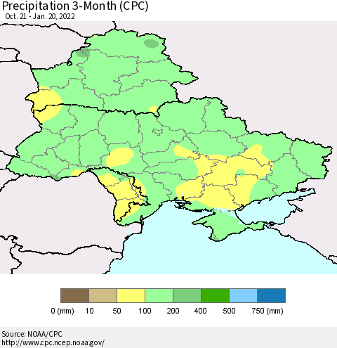 Ukraine, Moldova and Belarus Precipitation 3-Month (CPC) Thematic Map For 10/21/2021 - 1/20/2022