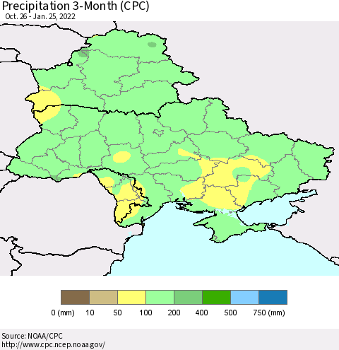 Ukraine, Moldova and Belarus Precipitation 3-Month (CPC) Thematic Map For 10/26/2021 - 1/25/2022