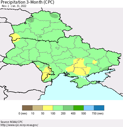 Ukraine, Moldova and Belarus Precipitation 3-Month (CPC) Thematic Map For 11/1/2021 - 1/31/2022