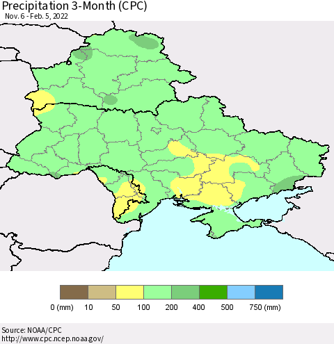 Ukraine, Moldova and Belarus Precipitation 3-Month (CPC) Thematic Map For 11/6/2021 - 2/5/2022