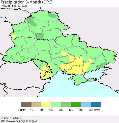 Ukraine, Moldova and Belarus Precipitation 3-Month (CPC) Thematic Map For 11/21/2021 - 2/20/2022