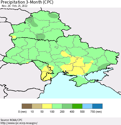 Ukraine, Moldova and Belarus Precipitation 3-Month (CPC) Thematic Map For 11/26/2021 - 2/25/2022