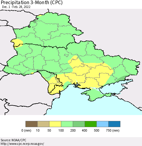 Ukraine, Moldova and Belarus Precipitation 3-Month (CPC) Thematic Map For 12/1/2021 - 2/28/2022