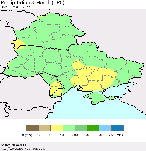 Ukraine, Moldova and Belarus Precipitation 3-Month (CPC) Thematic Map For 12/6/2021 - 3/5/2022