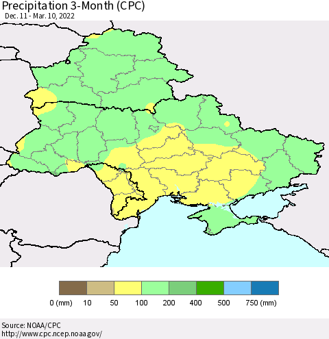 Ukraine, Moldova and Belarus Precipitation 3-Month (CPC) Thematic Map For 12/11/2021 - 3/10/2022