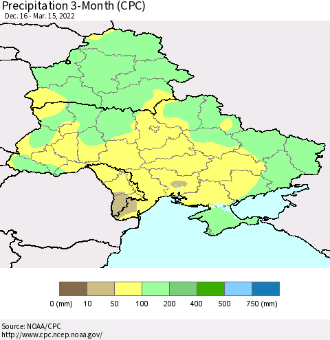 Ukraine, Moldova and Belarus Precipitation 3-Month (CPC) Thematic Map For 12/16/2021 - 3/15/2022