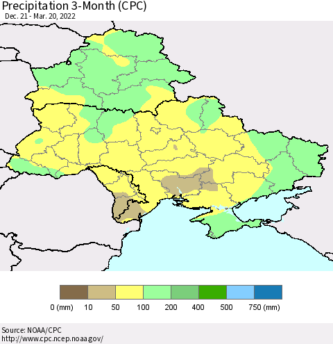 Ukraine, Moldova and Belarus Precipitation 3-Month (CPC) Thematic Map For 12/21/2021 - 3/20/2022