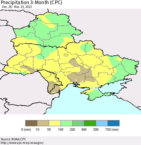 Ukraine, Moldova and Belarus Precipitation 3-Month (CPC) Thematic Map For 12/26/2021 - 3/25/2022