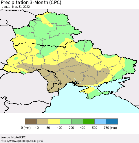 Ukraine, Moldova and Belarus Precipitation 3-Month (CPC) Thematic Map For 1/1/2022 - 3/31/2022