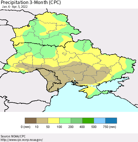 Ukraine, Moldova and Belarus Precipitation 3-Month (CPC) Thematic Map For 1/6/2022 - 4/5/2022