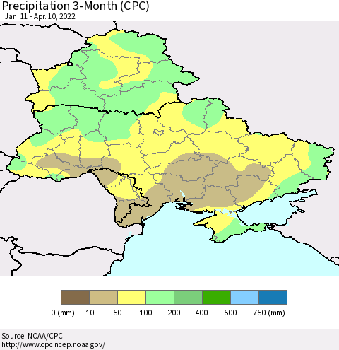 Ukraine, Moldova and Belarus Precipitation 3-Month (CPC) Thematic Map For 1/11/2022 - 4/10/2022