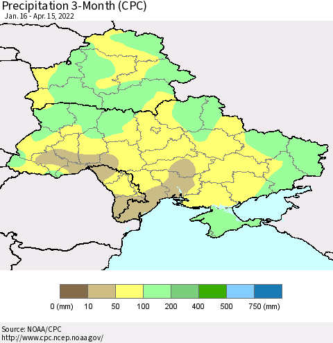 Ukraine, Moldova and Belarus Precipitation 3-Month (CPC) Thematic Map For 1/16/2022 - 4/15/2022