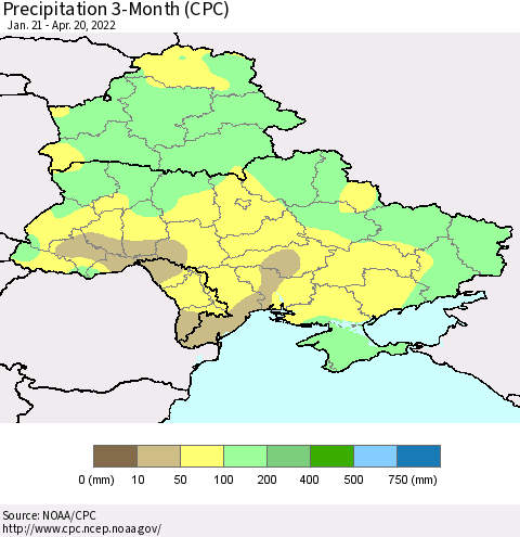 Ukraine, Moldova and Belarus Precipitation 3-Month (CPC) Thematic Map For 1/21/2022 - 4/20/2022