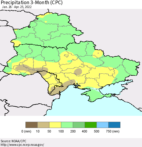 Ukraine, Moldova and Belarus Precipitation 3-Month (CPC) Thematic Map For 1/26/2022 - 4/25/2022