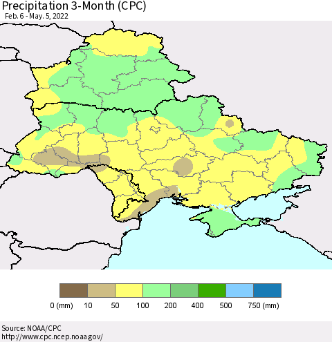 Ukraine, Moldova and Belarus Precipitation 3-Month (CPC) Thematic Map For 2/6/2022 - 5/5/2022