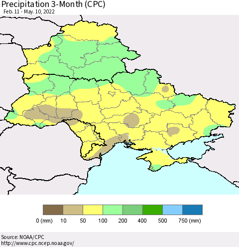 Ukraine, Moldova and Belarus Precipitation 3-Month (CPC) Thematic Map For 2/11/2022 - 5/10/2022