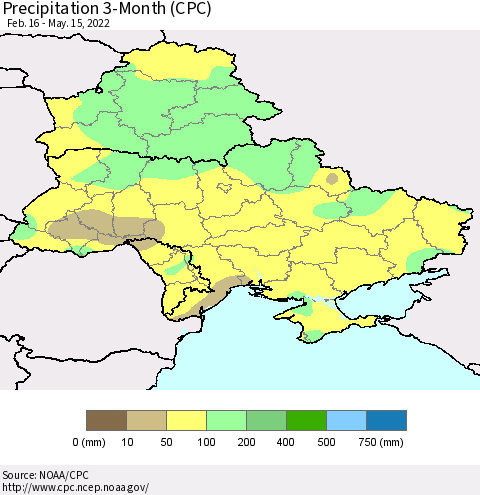 Ukraine, Moldova and Belarus Precipitation 3-Month (CPC) Thematic Map For 2/16/2022 - 5/15/2022