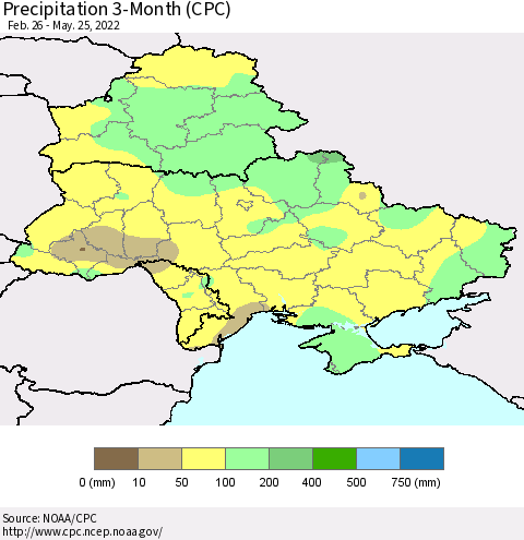 Ukraine, Moldova and Belarus Precipitation 3-Month (CPC) Thematic Map For 2/26/2022 - 5/25/2022