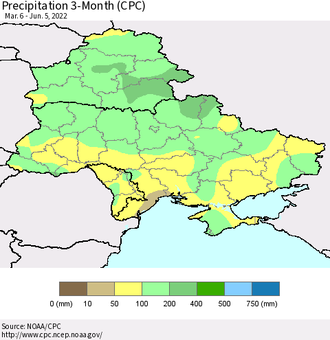 Ukraine, Moldova and Belarus Precipitation 3-Month (CPC) Thematic Map For 3/6/2022 - 6/5/2022
