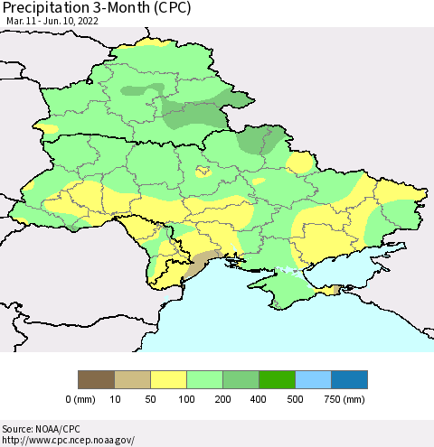 Ukraine, Moldova and Belarus Precipitation 3-Month (CPC) Thematic Map For 3/11/2022 - 6/10/2022