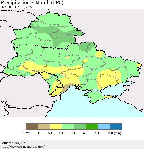 Ukraine, Moldova and Belarus Precipitation 3-Month (CPC) Thematic Map For 3/16/2022 - 6/15/2022