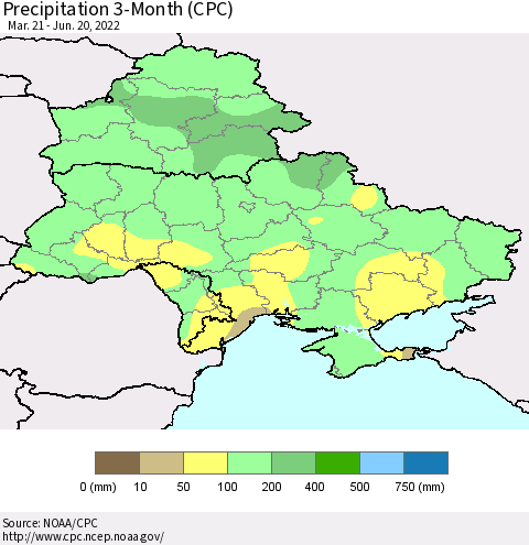 Ukraine, Moldova and Belarus Precipitation 3-Month (CPC) Thematic Map For 3/21/2022 - 6/20/2022