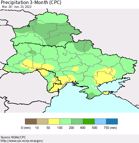 Ukraine, Moldova and Belarus Precipitation 3-Month (CPC) Thematic Map For 3/26/2022 - 6/25/2022
