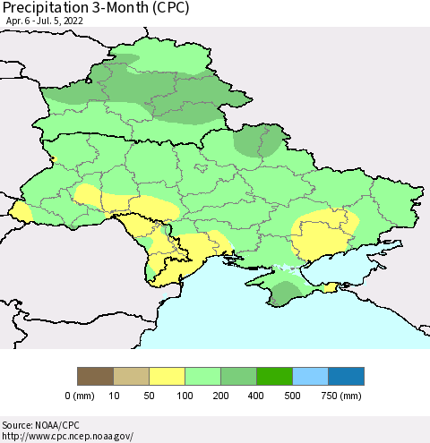 Ukraine, Moldova and Belarus Precipitation 3-Month (CPC) Thematic Map For 4/6/2022 - 7/5/2022