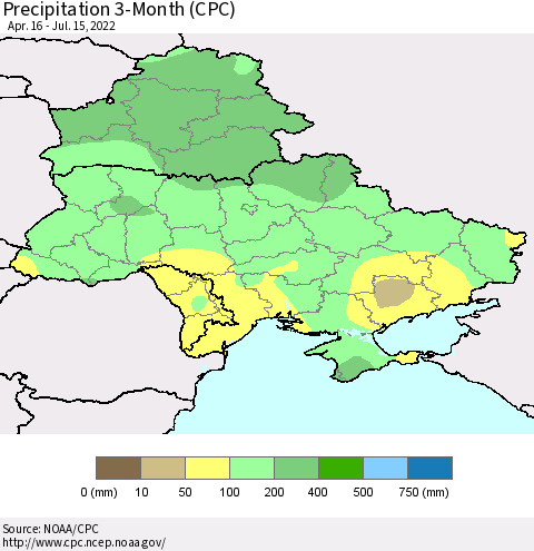 Ukraine, Moldova and Belarus Precipitation 3-Month (CPC) Thematic Map For 4/16/2022 - 7/15/2022