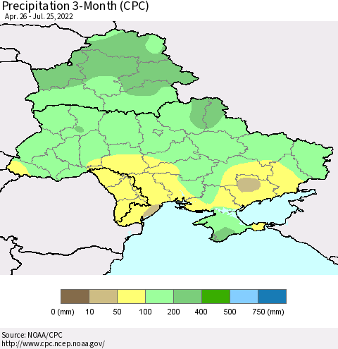 Ukraine, Moldova and Belarus Precipitation 3-Month (CPC) Thematic Map For 4/26/2022 - 7/25/2022