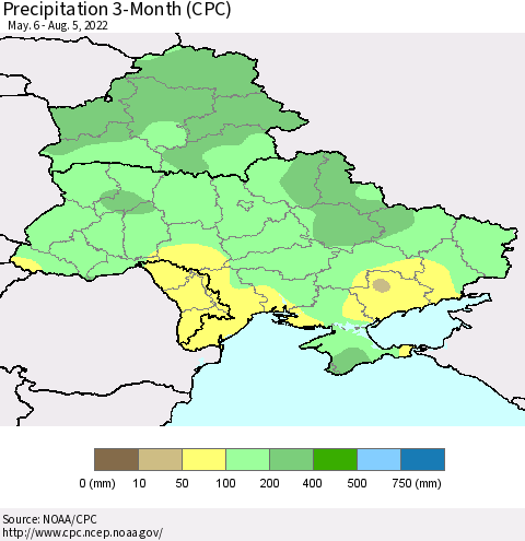 Ukraine, Moldova and Belarus Precipitation 3-Month (CPC) Thematic Map For 5/6/2022 - 8/5/2022