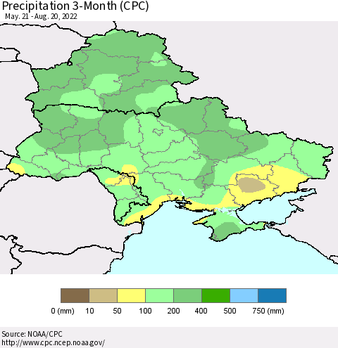 Ukraine, Moldova and Belarus Precipitation 3-Month (CPC) Thematic Map For 5/21/2022 - 8/20/2022