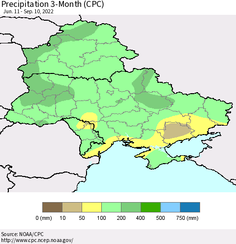 Ukraine, Moldova and Belarus Precipitation 3-Month (CPC) Thematic Map For 6/11/2022 - 9/10/2022