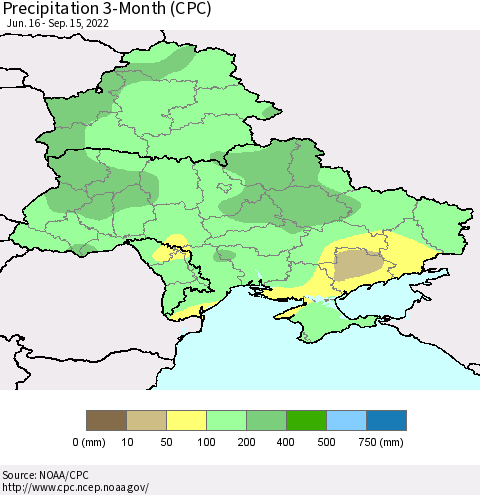 Ukraine, Moldova and Belarus Precipitation 3-Month (CPC) Thematic Map For 6/16/2022 - 9/15/2022
