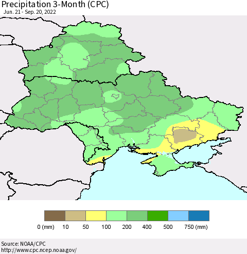 Ukraine, Moldova and Belarus Precipitation 3-Month (CPC) Thematic Map For 6/21/2022 - 9/20/2022
