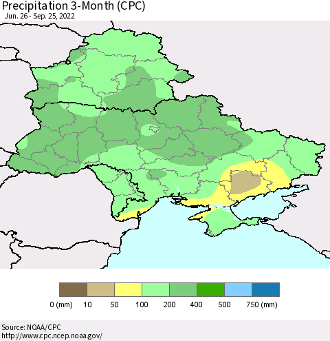 Ukraine, Moldova and Belarus Precipitation 3-Month (CPC) Thematic Map For 6/26/2022 - 9/25/2022