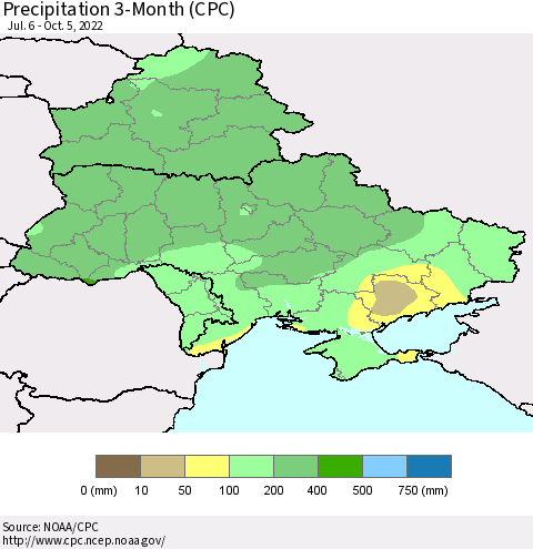 Ukraine, Moldova and Belarus Precipitation 3-Month (CPC) Thematic Map For 7/6/2022 - 10/5/2022