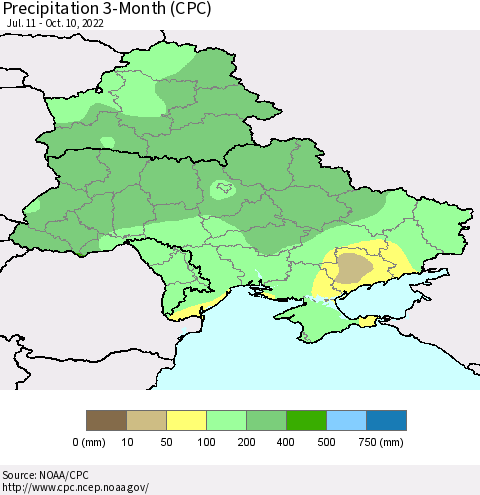 Ukraine, Moldova and Belarus Precipitation 3-Month (CPC) Thematic Map For 7/11/2022 - 10/10/2022