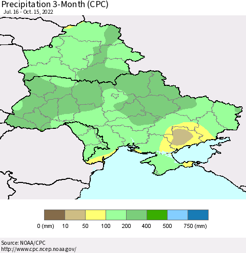 Ukraine, Moldova and Belarus Precipitation 3-Month (CPC) Thematic Map For 7/16/2022 - 10/15/2022