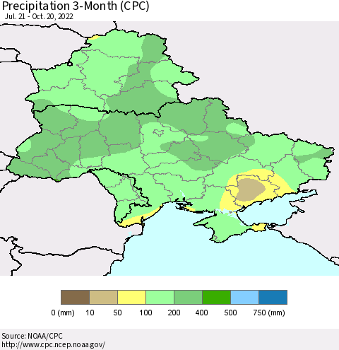 Ukraine, Moldova and Belarus Precipitation 3-Month (CPC) Thematic Map For 7/21/2022 - 10/20/2022